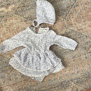 Rabbit + Bear 6-9 months Blue and White Baby Dress with Bonnet